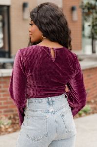 Feeling Royal Purple Ribbed Velvet Bodysuit sold by Pink Lily
