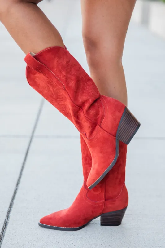 Merle Brick Red Suede Cowboy Boot sold by Pink Lily