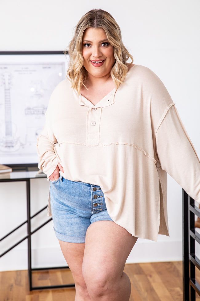 Miss The Old You Beige Henley Long Sleeve Blouse sold by Pink Lily product image thumbnail 5