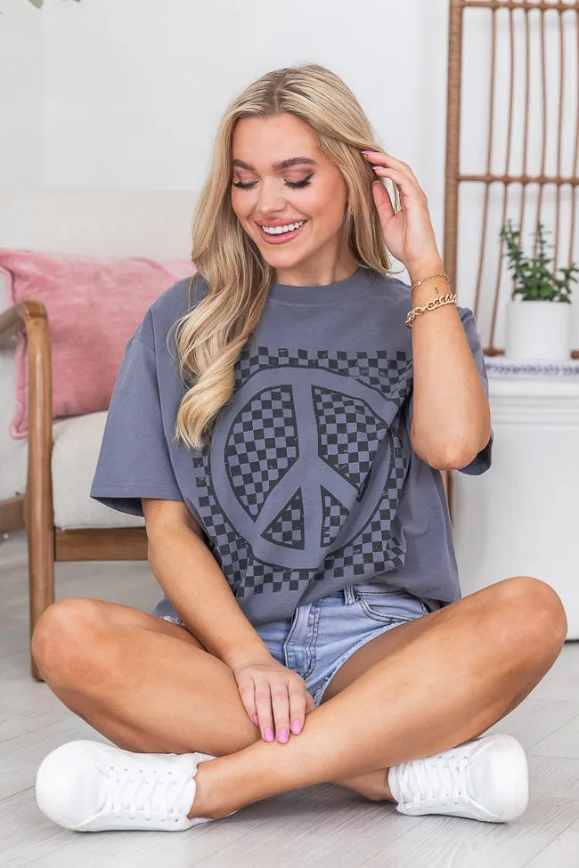 Checkered Peace Grey Oversized Graphic Tee sold by Pink Lily
