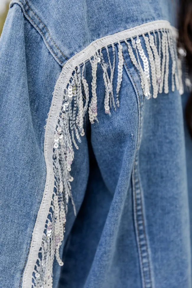 What I Have Medium Wash Sequin Fringe Denim Jacket FINAL SALE sold by Pink Lily product image thumbnail 5
