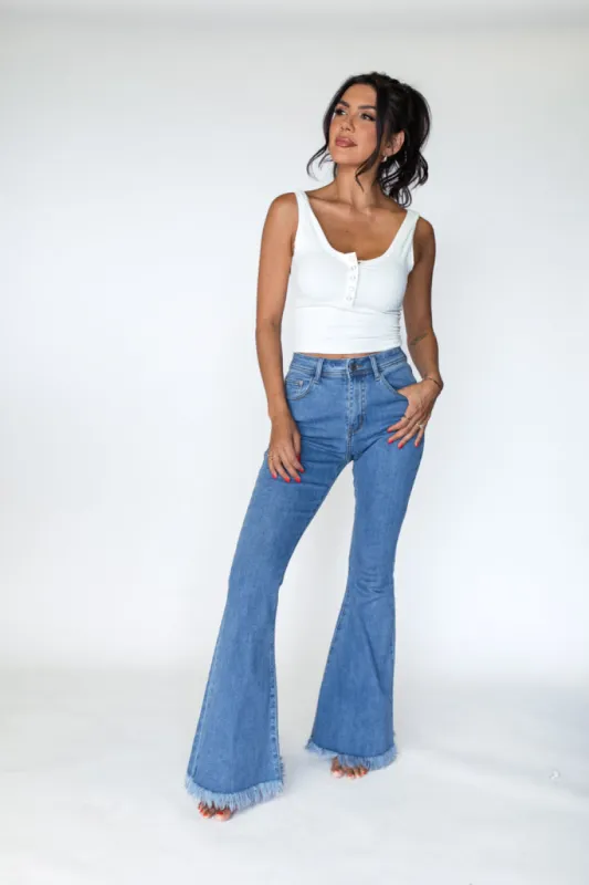 Maren Medium Wash Stretchy Flare Jeans sold by Pink Lily
