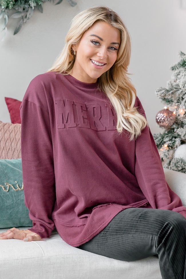 Merry Embossed Burgundy Pullover FINAL SALE sold by Pink Lily