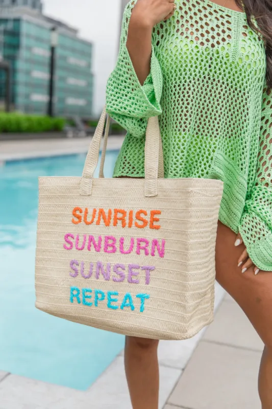 Woven "Sunrise, Sunburn, Sunset, Repeat" Beach Bag sold by Pink Lily