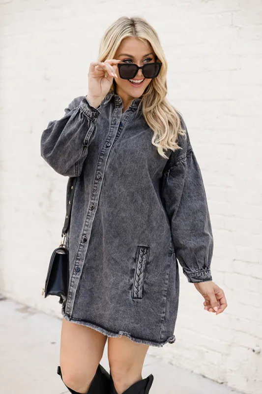 Start Looking Charcoal Chambray Long Sleeve Mini Dress FINAL SALE sold by Pink Lily