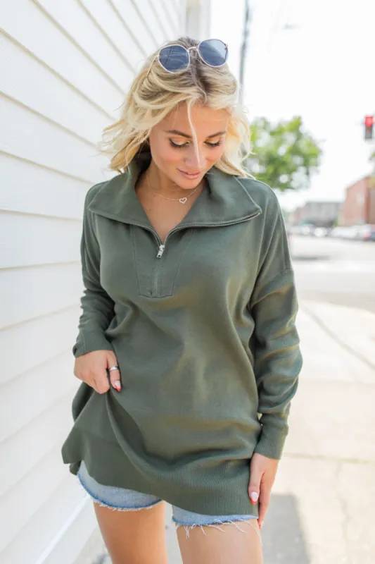 Pulling Heartstrings Olive Quarter Zip Pullover sold by Pink Lily