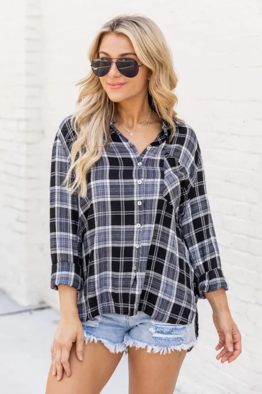 Never Give Up Black Lightweight Plaid Button Up Blouse FINAL SALE sold by Pink Lily