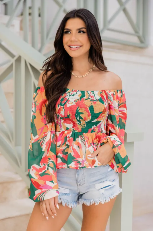 Take Me There Green Smocked Bust Floral Blouse FINAL SALE sold by Pink Lily