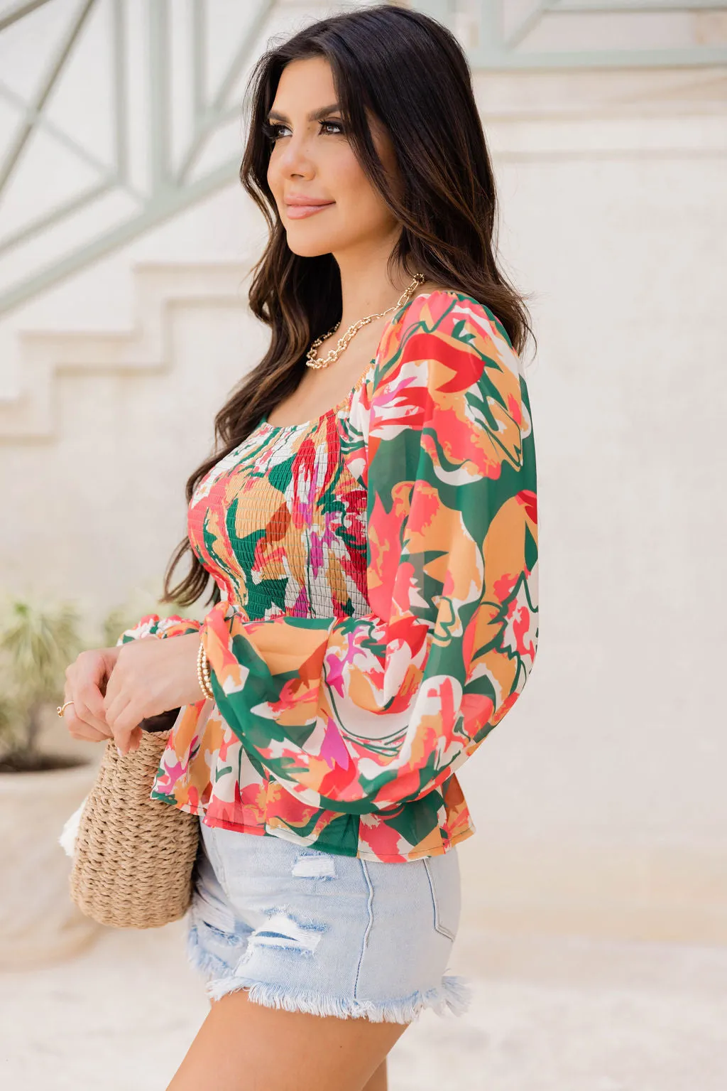 Take Me There Green Smocked Bust Floral Blouse FINAL SALE sold by Pink Lily product image thumbnail 3