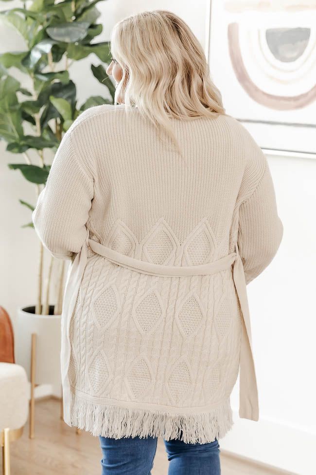 No Second Thoughts Beige Belted Fringe Hem Cardigan sold by Pink Lily product image thumbnail 4