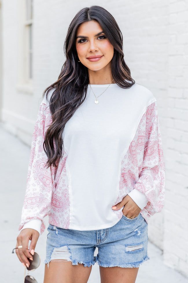 Point The Way Ivory And Pink Paisley Sleeve Blouse FINAL SALE sold by Pink Lily