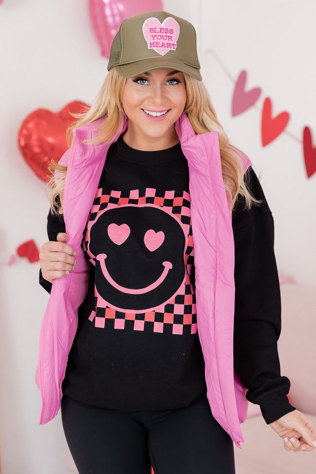 Pink Checkered Smiley Black Oversized Graphic Sweatshirt sold by Pink Lily