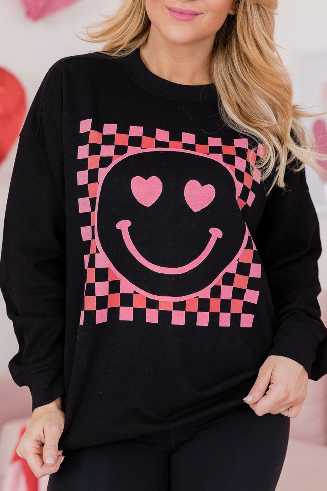 Pink Checkered Smiley Black Oversized Graphic Sweatshirt sold by Pink Lily product image thumbnail 3
