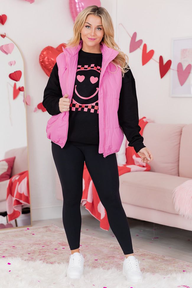 Pink Checkered Smiley Black Oversized Graphic Sweatshirt sold by Pink Lily product image thumbnail 5
