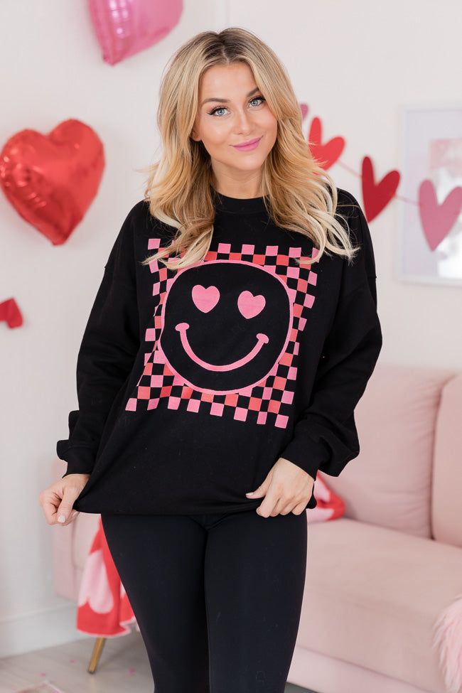 Pink Checkered Smiley Black Oversized Graphic Sweatshirt sold by Pink Lily product image thumbnail 4