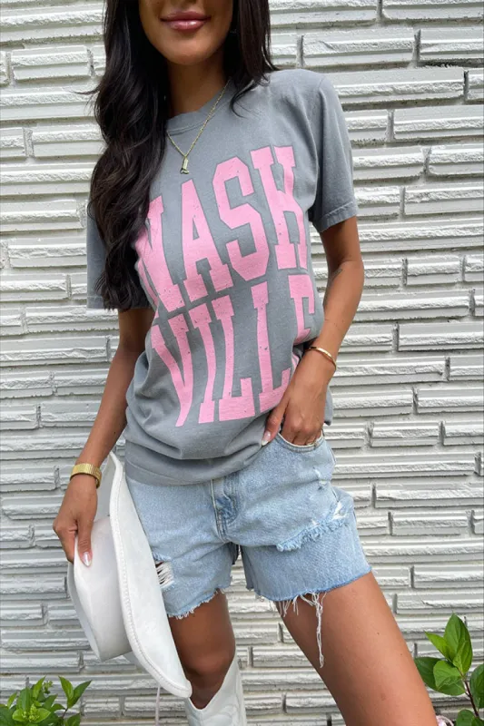 Nashville Block Grey Comfort Color Graphic Tee sold by Pink Lily
