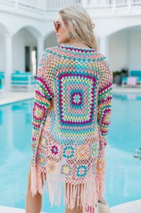 One Last Day Multi Crochet Fringe Hem Cardigan sold by Pink Lily