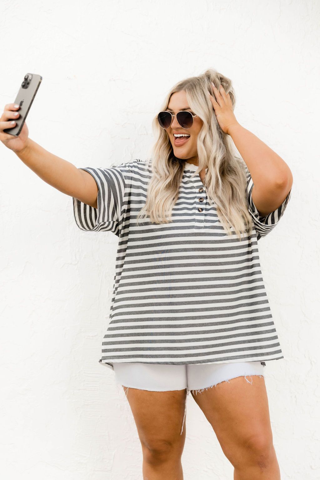 It Can Happen Charcoal Striped Henley Tee FINAL SALE sold by Pink Lily product image thumbnail 6