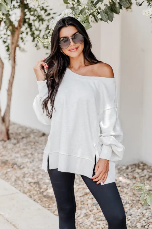 Home For The Weekend Light Grey Split Hem Pullover sold by Pink Lily