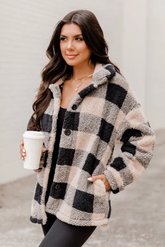 Back In Time Beige And Black Plaid Sherpa Shacket sold by Pink Lily