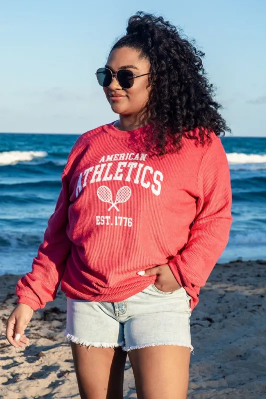 America Athletics Red Corded Graphic Sweatshirt sold by Pink Lily