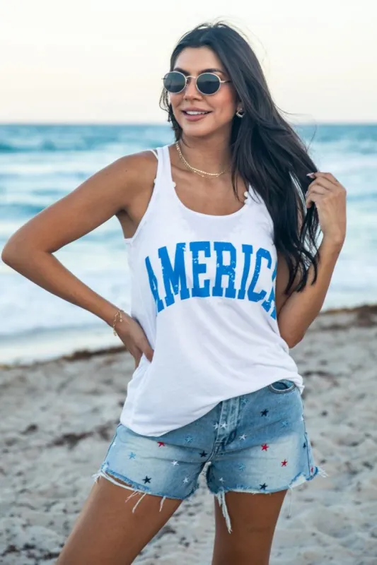 America Distressed Blue Graphic Tank White sold by Pink Lily