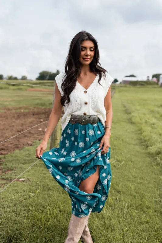 Let's Stick Together Teal Floral Maxi Skirt sold by Pink Lily