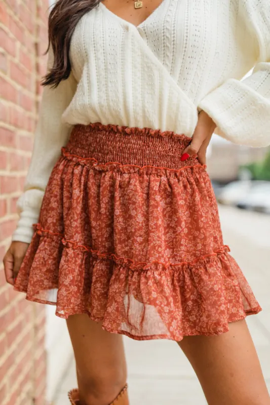 Couldn't Be Better Rust Multi Smocked Waist Floral Skirt sold by Pink Lily