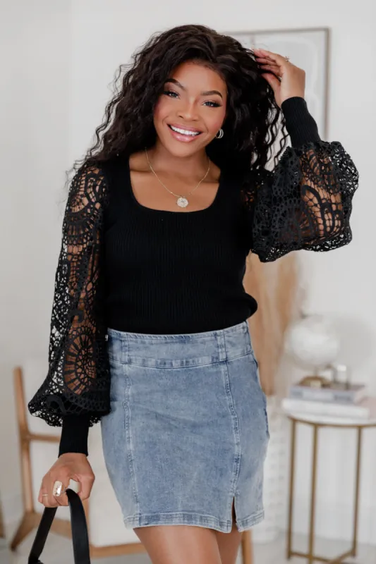 Easy To Say Black Crochet Sleeve Ribbed Top FINAL SALE sold by Pink Lily