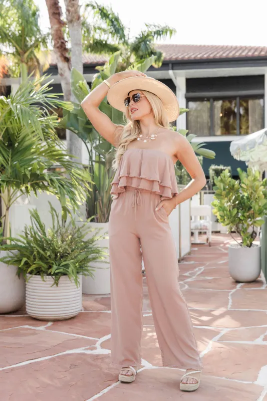 Destined To Impress Mocha Strapless Ruffle Jumpsuit FINAL SALE sold by Pink Lily