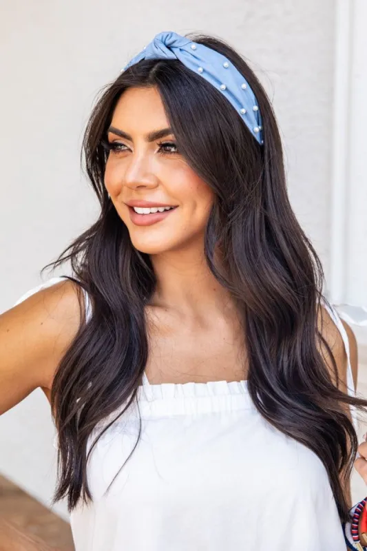 Southern And Sweet Pearl Detail Chambray Knot Headband FINAL SALE sold by Pink Lily