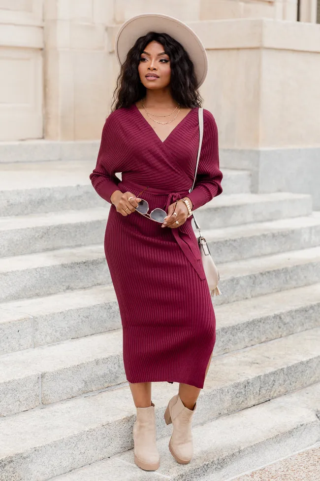 Main Event Wine Midi Wrap Sweater Dress FINAL SALE sold by Pink Lily