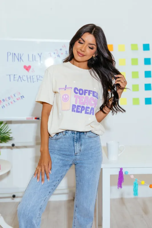 Coffee Teach Repeat Ivory Oversized Graphic Tee sold by Pink Lily