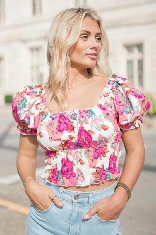 Makes Me Wonder Pink Multi Short Sleeve Smocked Waist Floral Top FINAL SALE sold by Pink Lily