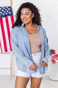 Great Big World  Light Wash Star Print Chambray Button Front Blouse FINAL SALE sold by Pink Lily