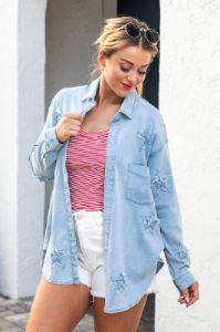Great Big World  Light Wash Star Print Chambray Button Front Blouse FINAL SALE sold by Pink Lily