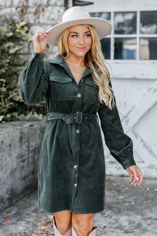 No Expectations Olive Corded Long Sleeve Belted Mini Dress FINAL SALE sold by Pink Lily