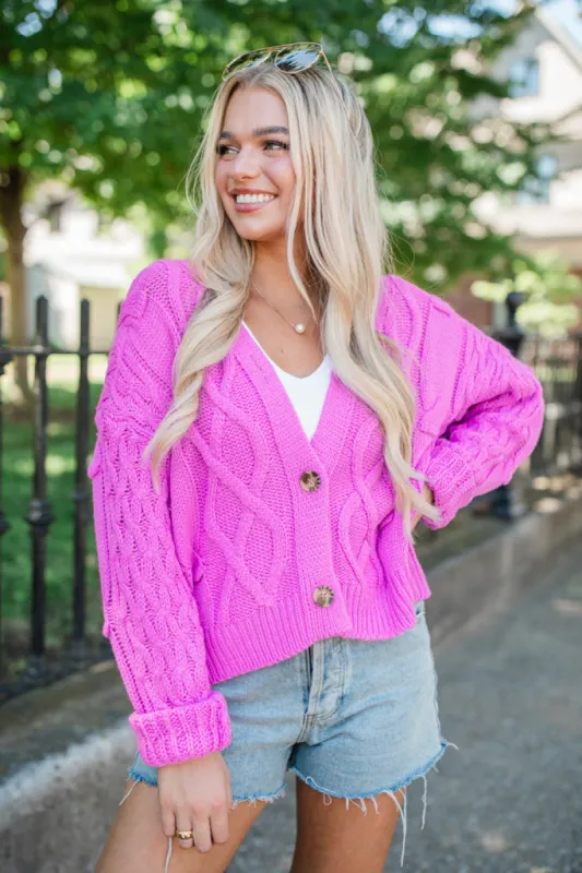 Moments That Matter Magenta Cable Knit Cardigan sold by Pink Lily