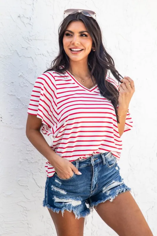 On We Go Red Striped V-Neck Tee FINAL SALE sold by Pink Lily