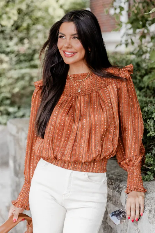 Show Kindness Brown Printed Ruffle Detail Blouse FINAL SALE sold by Pink Lily