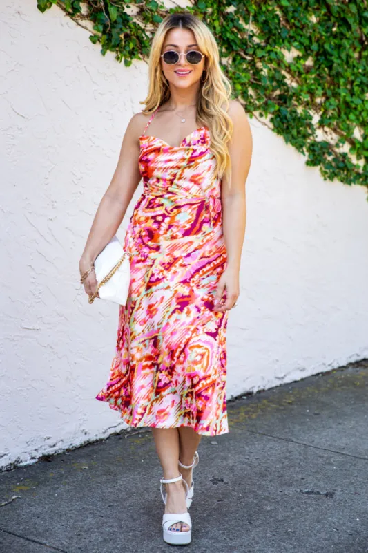 In Full Bloom Abstract Print Cowl Neck Satin Floral Midi Dress   FINAL SALE sold by Pink Lily