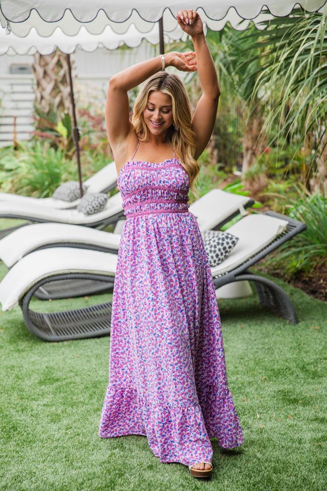Best In Bold Purple Floral Lace Up Back Maxi Dress sold by Pink Lily