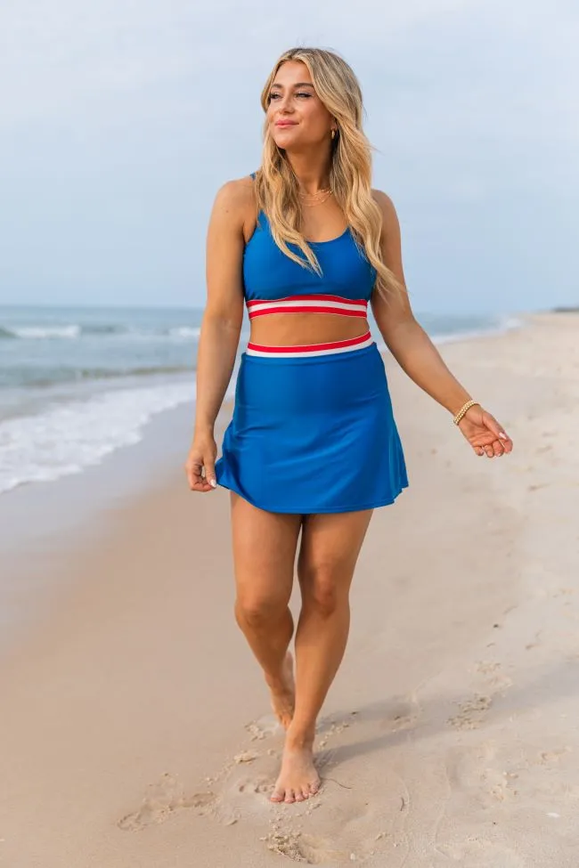 Out On The Water Blue Solid Swim Skort With Striped Trim FINAL SALE sold by Pink Lily product image thumbnail 5