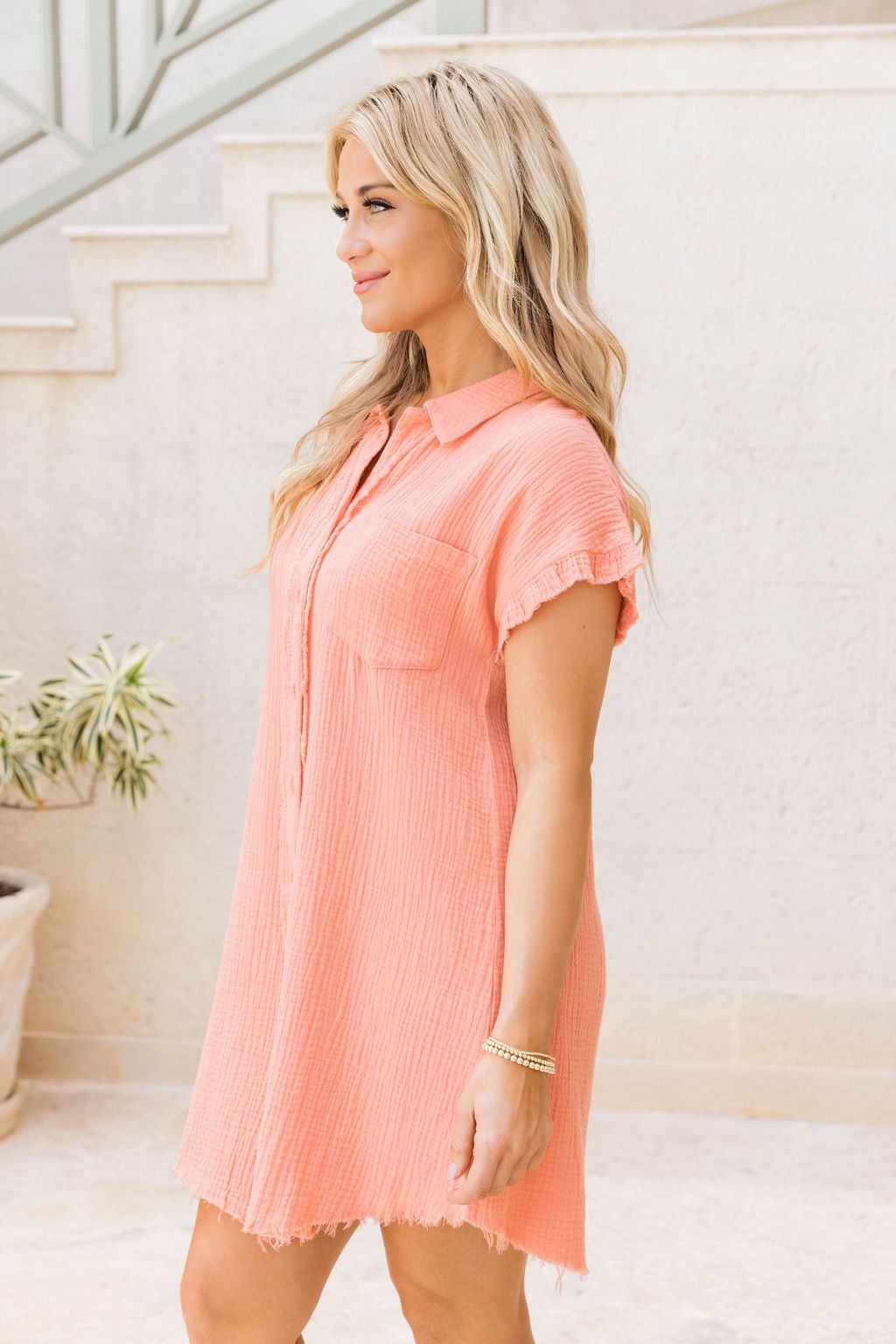 No Worries Coral Gauze Button-Up Mini Dress sold by Pink Lily product image thumbnail 4