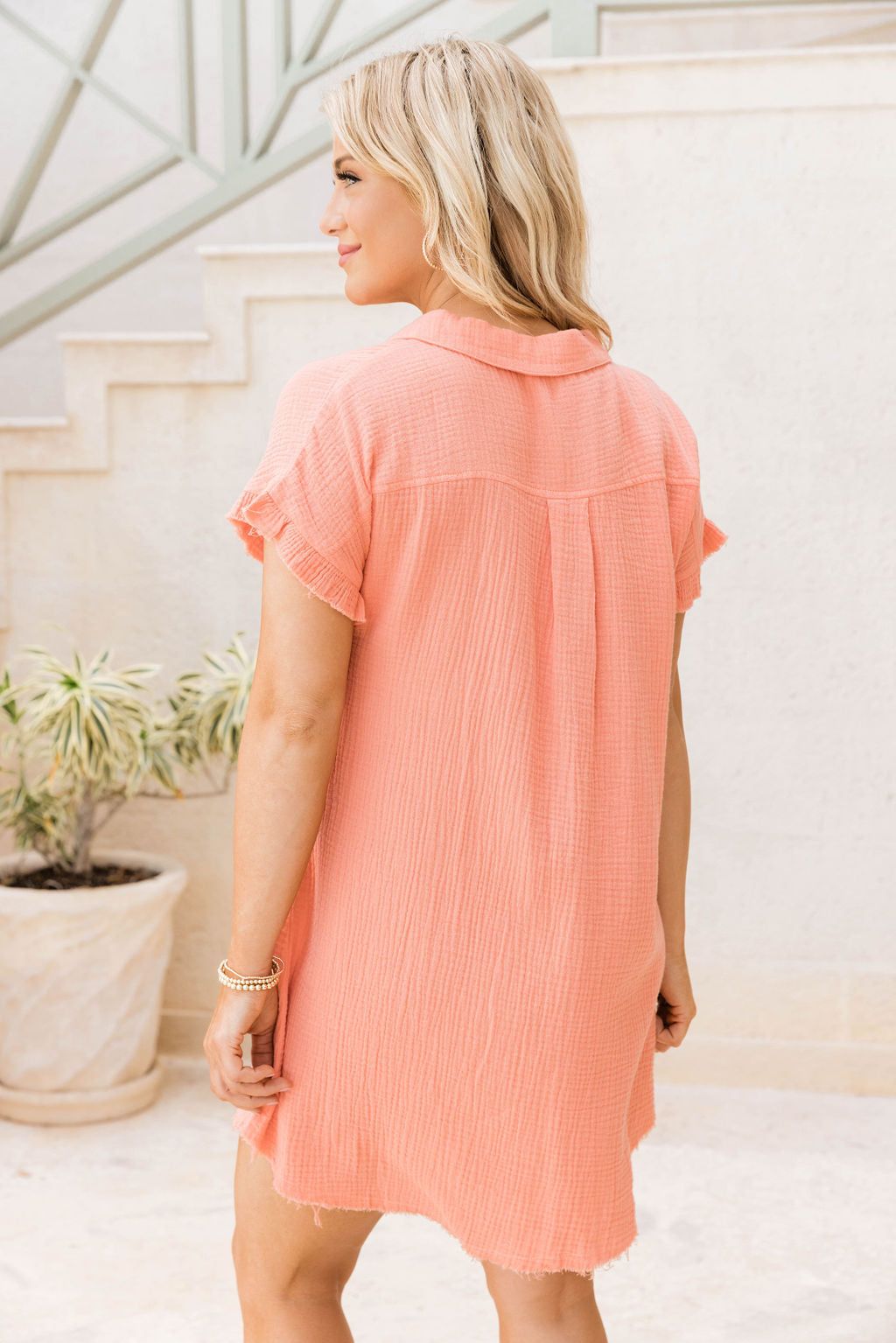 No Worries Coral Gauze Button-Up Mini Dress sold by Pink Lily product image thumbnail 5