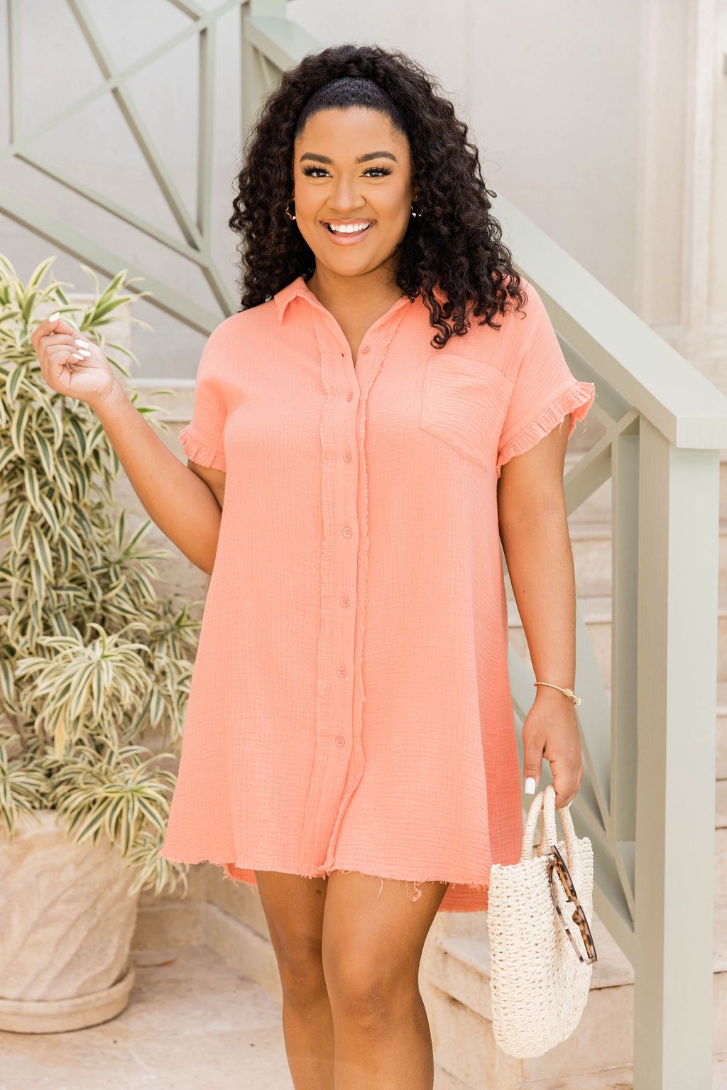 No Worries Coral Gauze Button-Up Mini Dress sold by Pink Lily product image thumbnail 10