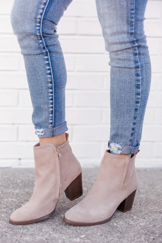 Carissa Taupe Block Heel Suede Bootie FINAL SALE sold by Pink Lily