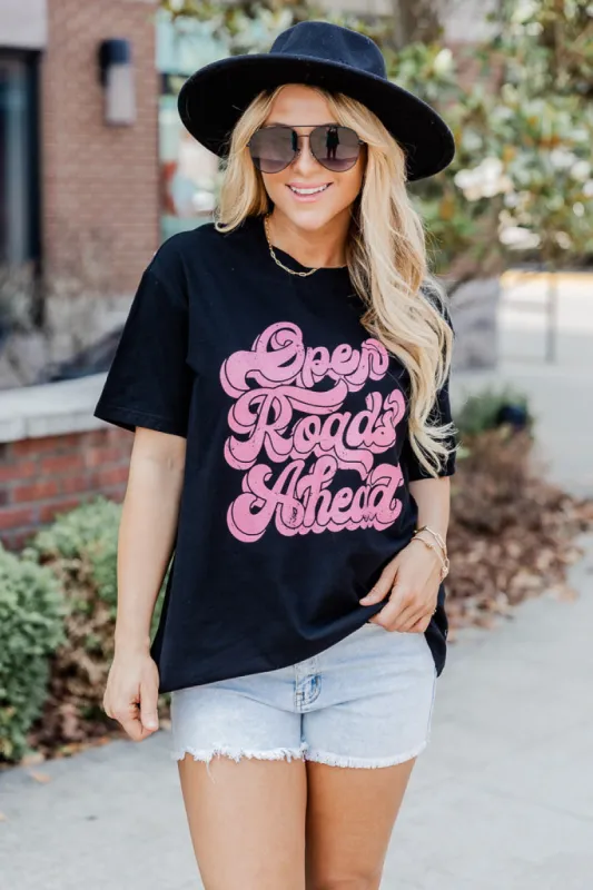 Open Roads Ahead Black Oversized Graphic Tee sold by Pink Lily