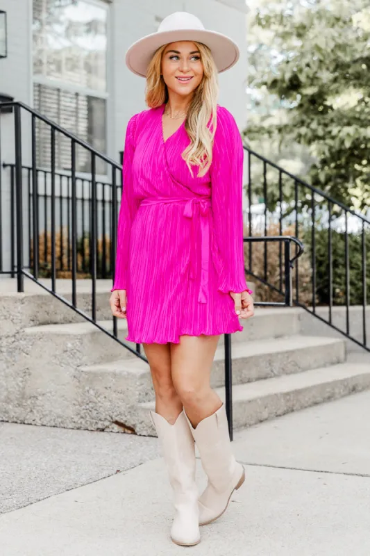 Through The Night Hot Pink Plisse Mini Wrap Belted Dress FINAL SALE sold by Pink Lily