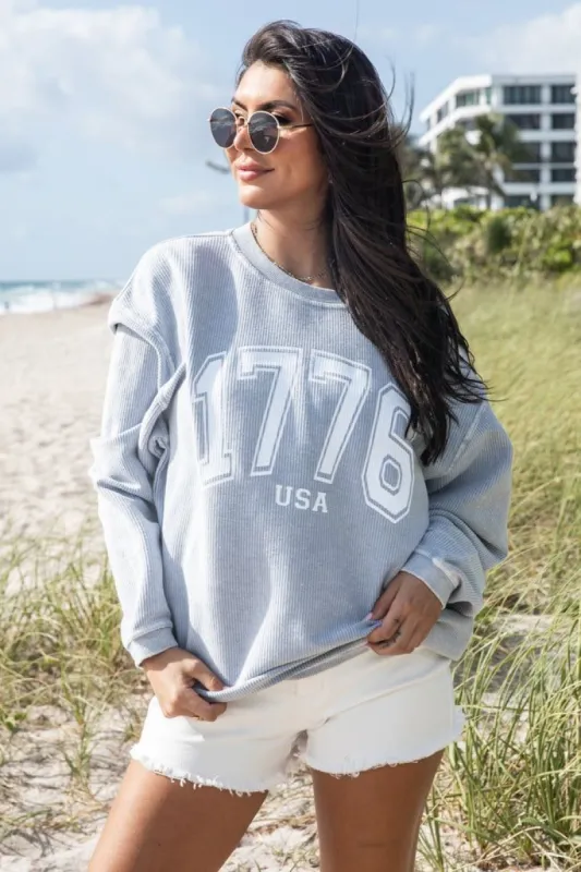 1776 USA Faded Denim Corded Graphic Sweatshirt sold by Pink Lily